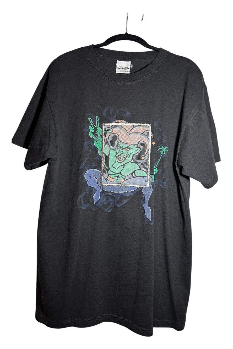 Vintage Y2K Goth Jester Graphic Tee with Unique Mesh Front Panel - Black